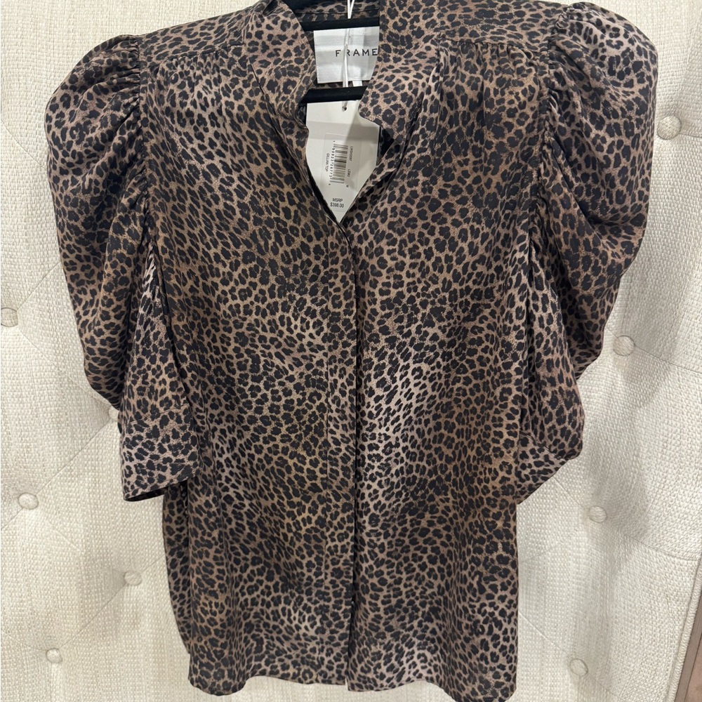 Frame The Gillian Top- Brown Leopard Print Silk Blouse